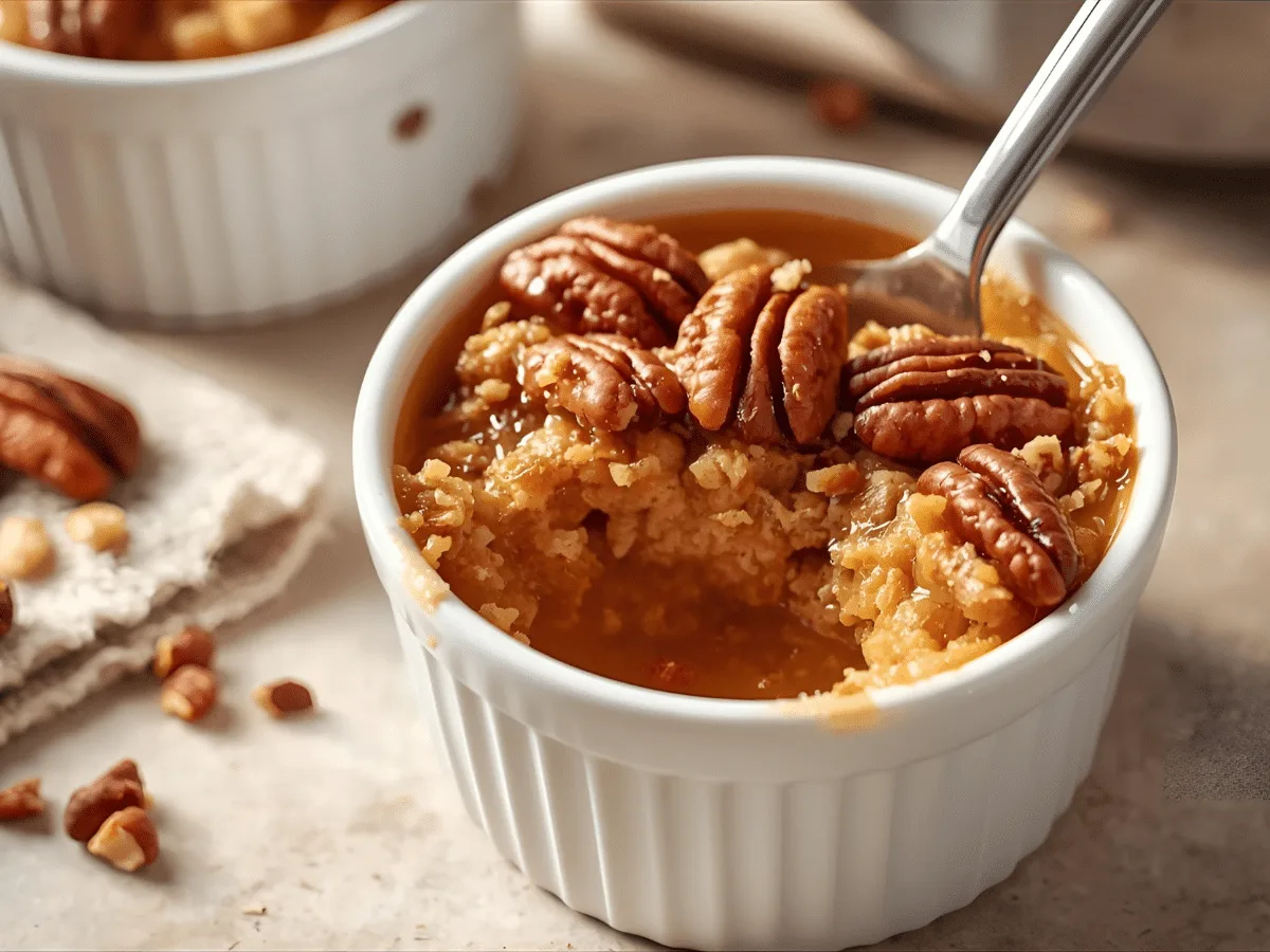 Gooey pecan pie cobbler with flaky cobbler crust and crunchy pecans, caramelized edges, warm and golden.