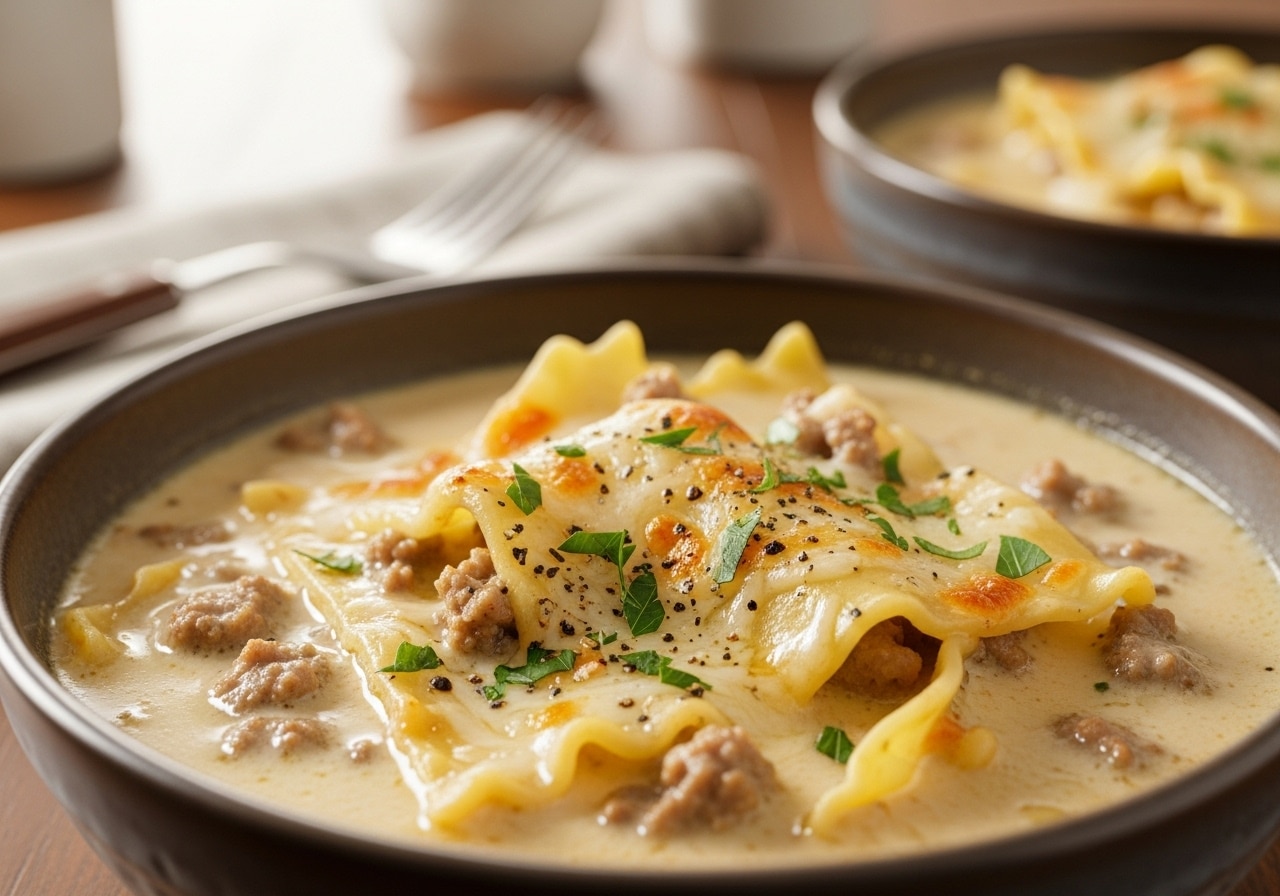 Creamy Alfredo lasagna soup with Italian sausage, ditalini, spinach, and Parmesan;