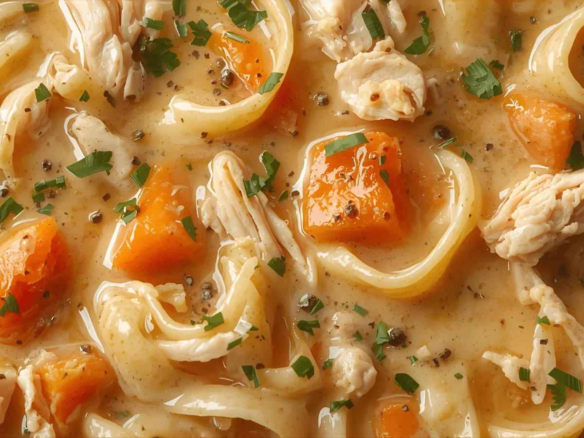 Creamy slow cooker chicken noodle soup with shredded chicken, egg noodles, carrots, celery, and parsley.​