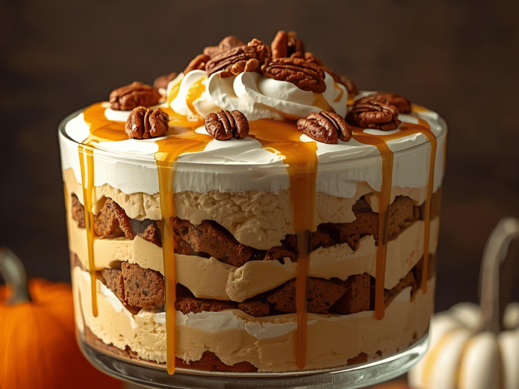 Layered Pumpkin Cheesecake Trifle in a glass bowl with whipped cream and pumpkin spice.​