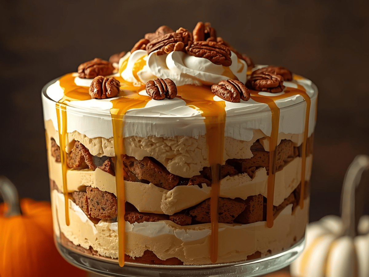 Layered Pumpkin Cheesecake Trifle in a glass bowl with whipped cream and pumpkin spice.