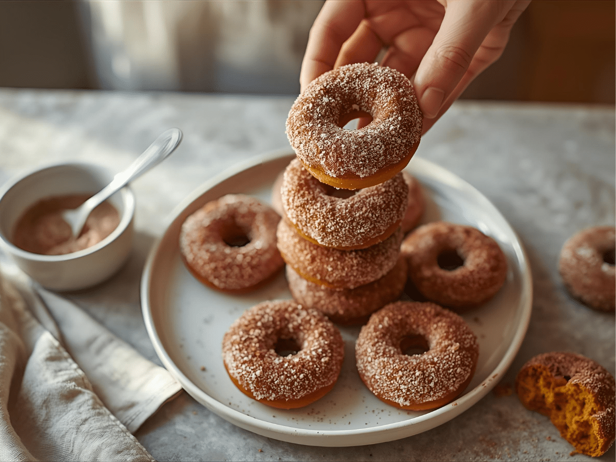 Alt: Baked pumpkin donuts stacked on a plate and coated in cinnamon sugar, soft cake texture​