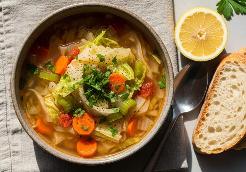 Hearty cabbage soup in clear broth with carrots, celery, parsley; clean eating, low‑calorie, easy vegetable soup.​