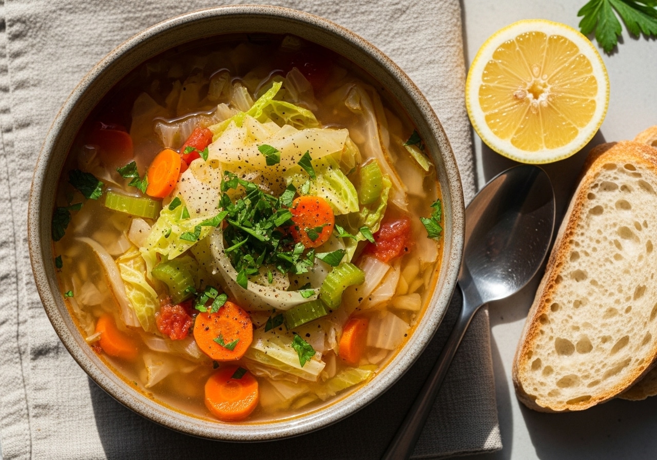 Hearty cabbage soup in clear broth with carrots, celery, parsley; clean eating, low‑calorie, easy vegetable soup.
