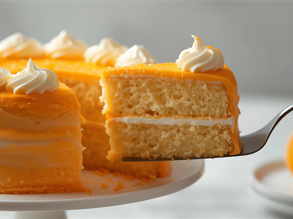 Orange Dreamsicle Cake with orange frosting, Cool Whip, and fresh zest on a pedestal​