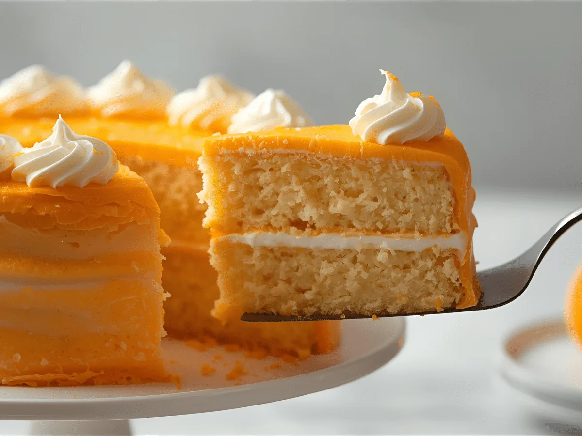Orange Dreamsicle Cake with orange frosting, Cool Whip, and fresh zest on a pedestal​