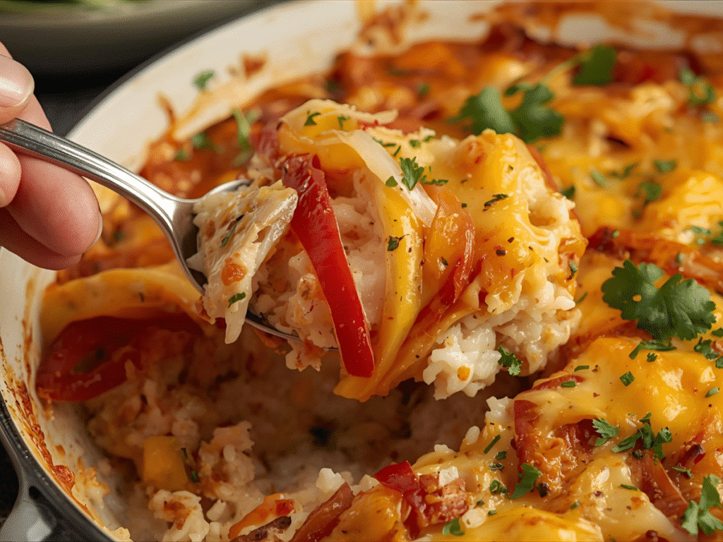 Chicken Fajita Casserole with Rice baked with peppers, onions, and melted cheese for easy weeknight meals.​