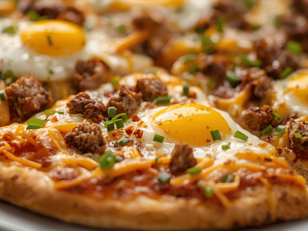 Cheese Crust Breakfast Pizza with eggs, sausage, and melty cheese on parchment​