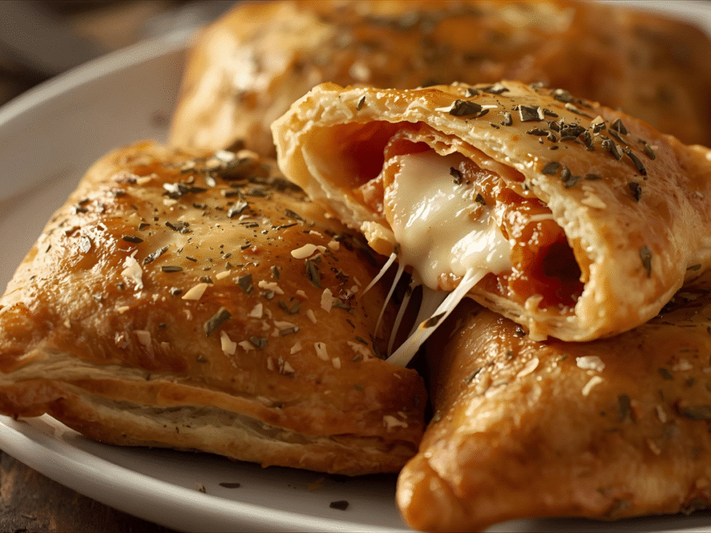 Crescent roll dough, pizza sauce, mozzarella, pepperoni, oregano, and tools arranged for pizza pockets.​​
