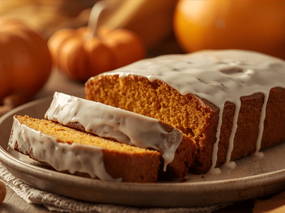 Moist pumpkin bread loaf with central crack, light maple glaze, and cinnamon streusel on board