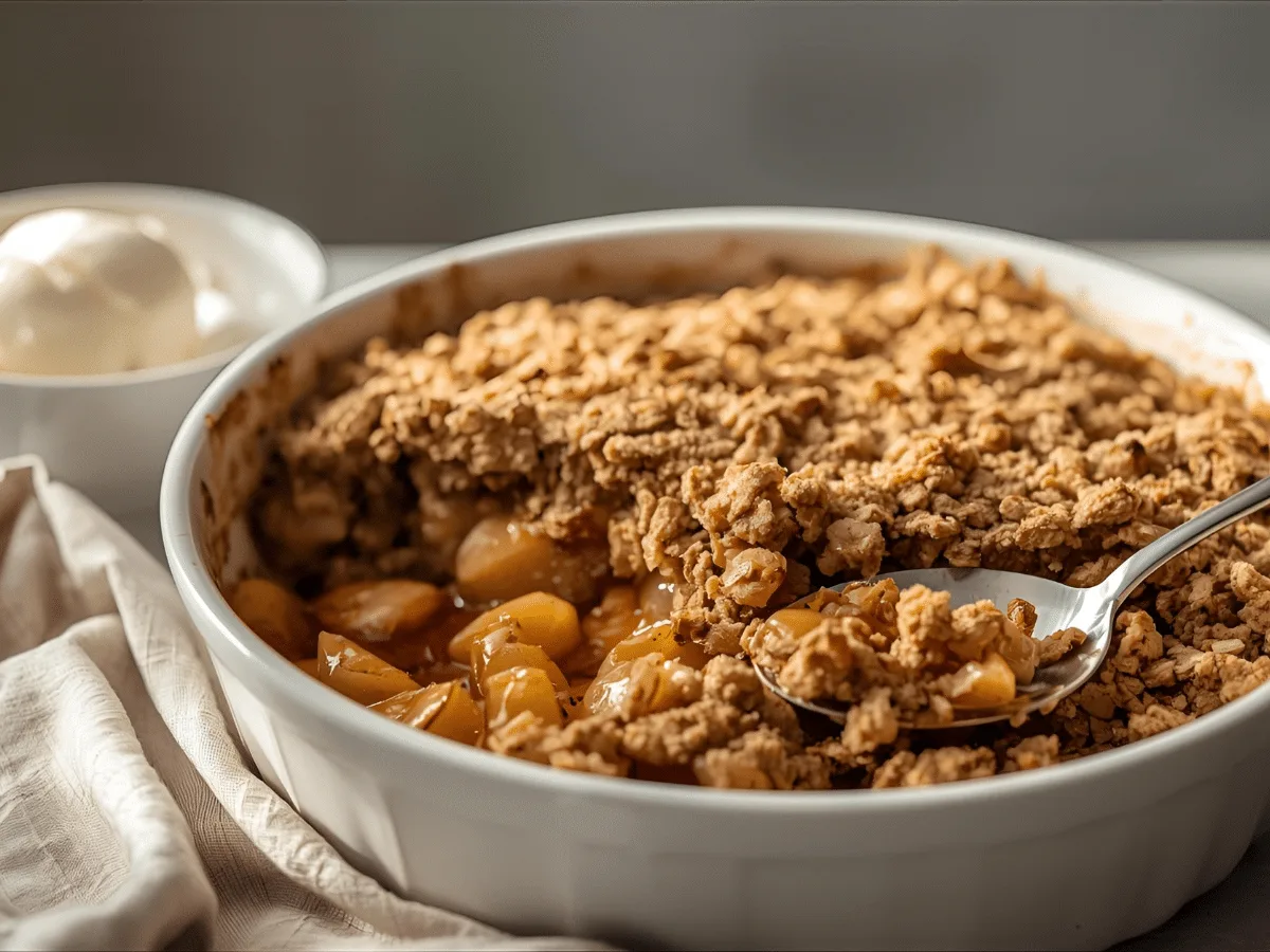 Golden oatmeal apple crisp in white baking dish with scoop removed.