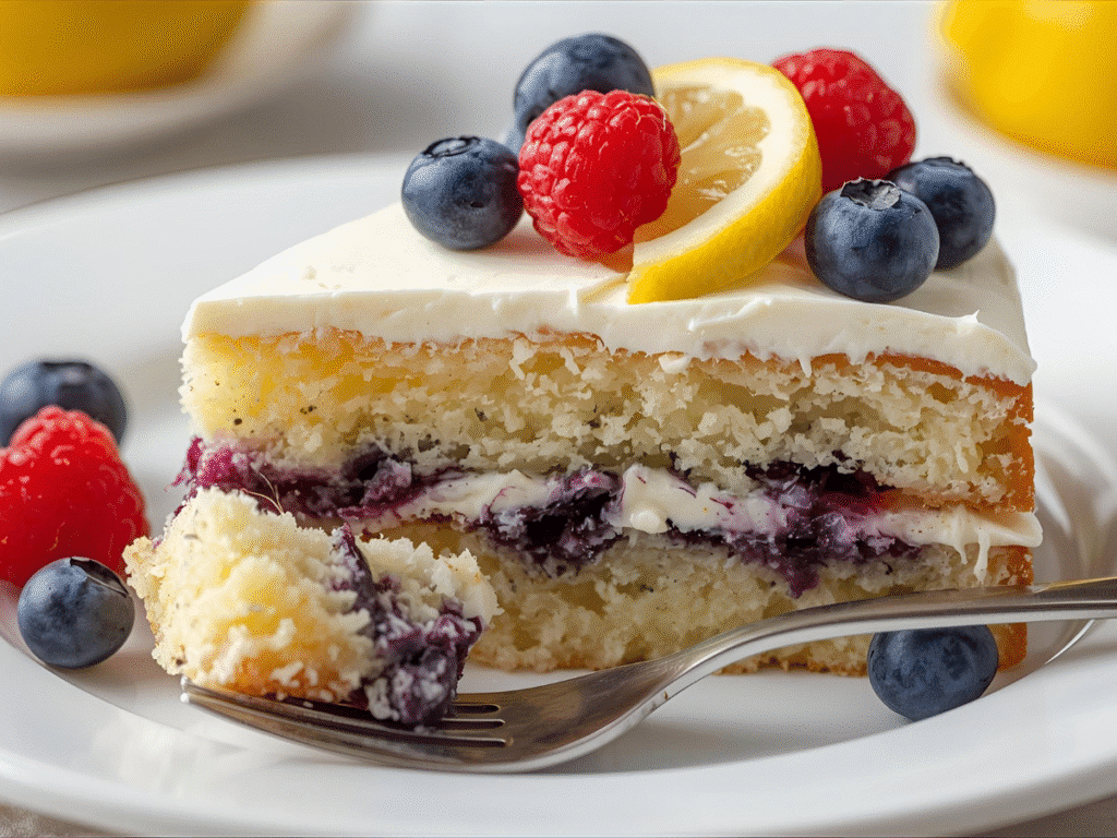 Corner slice of lemon blueberry poke cake with blueberry filling in poke holes and whipped topping, chilled desserts style.​