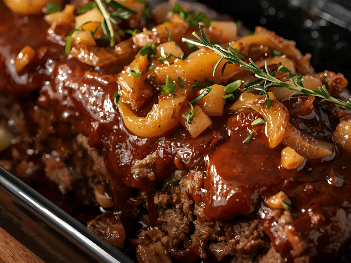 French Onion Meatloaf with caramelized onions and melted Swiss, sliced and glazed on a dark platter.​