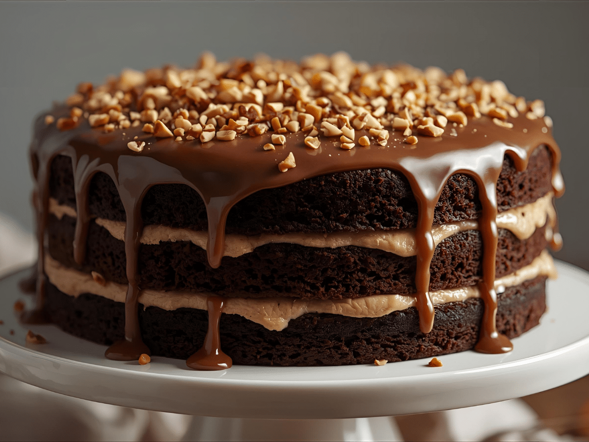 Sliced chocolate caramel cake showing caramel buttercream layers