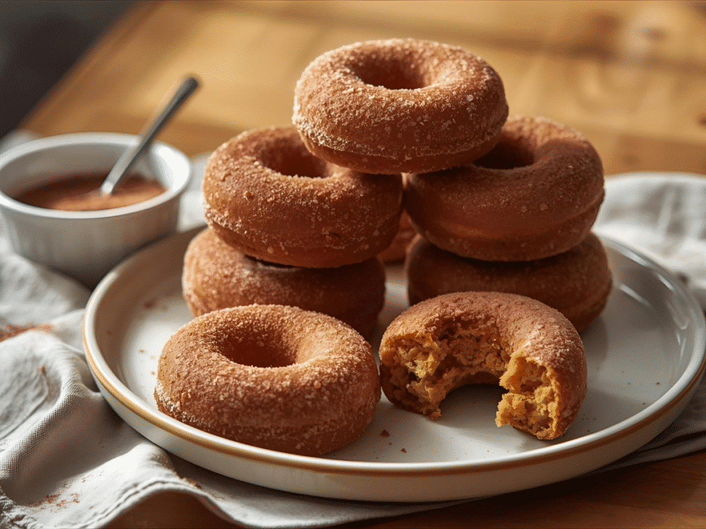 Alt: Baked pumpkin donuts with cinnamon sugar on a ceramic plate​