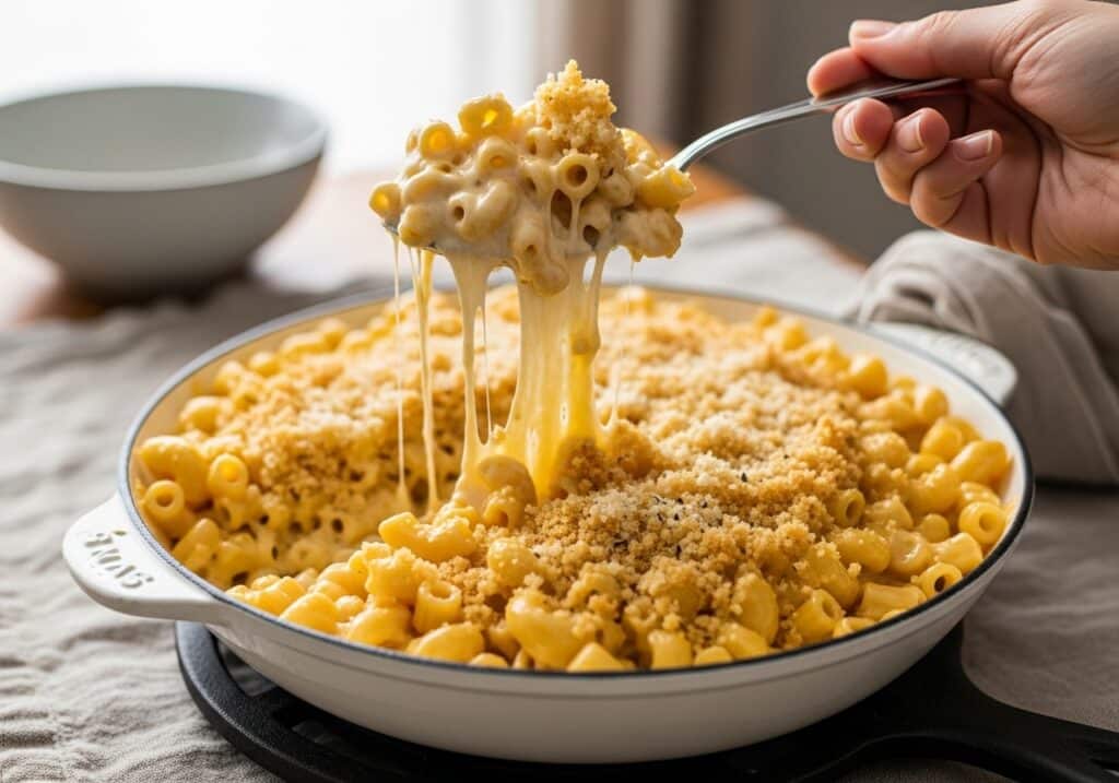 Alt: Bowl of extra creamy mac and cheese with spoon trail and Parmesan.​