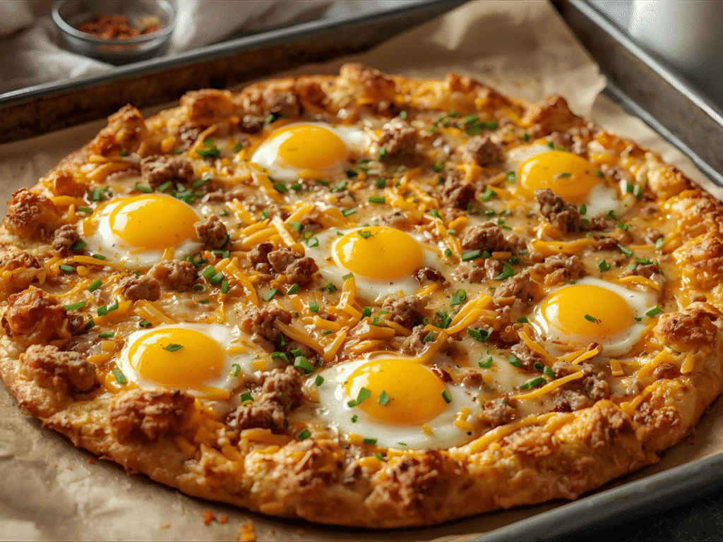 Easy Cheese Crust Breakfast Pizza with eggs and sausage on sheet pan; 