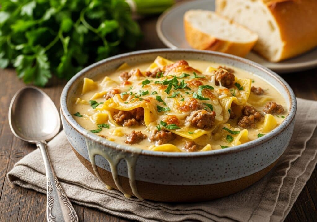 Silky Alfredo lasagna soup topped with Parmesan, with ditalini and sausage;