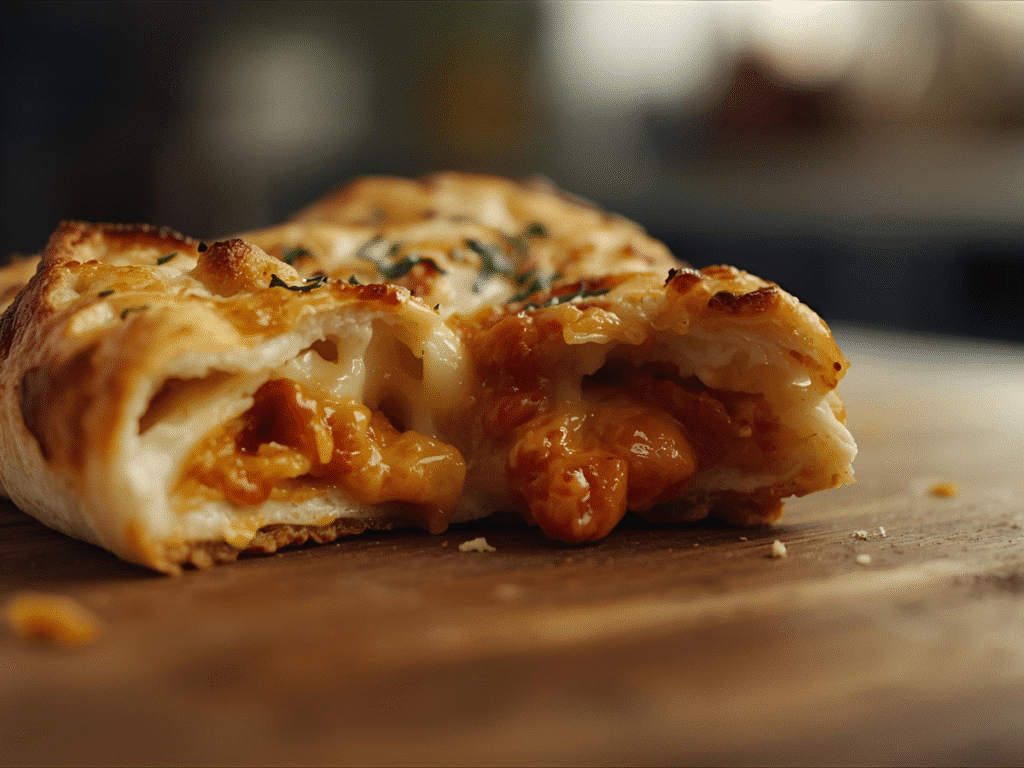 Homemade Cheesy Pizza Pockets: Golden homemade pizza pockets with oregano and marinara