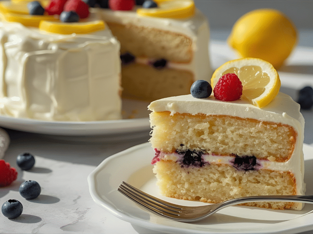Lemon blueberry poke cake slice with blueberry pie filling and whipped topping, moist lemon cake crumb.​
