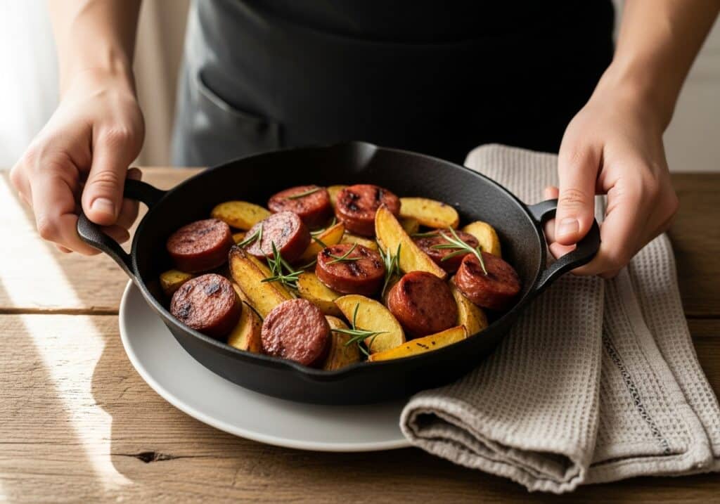 smoked sausage and potato recipe: Smoked sausage and potatoes with caramelized onions and ranch-style spices.