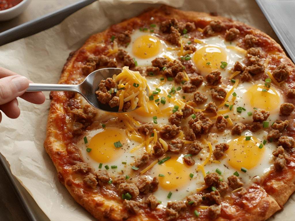 Homemade Cheese Crust Breakfast Pizza overhead with six eggs;