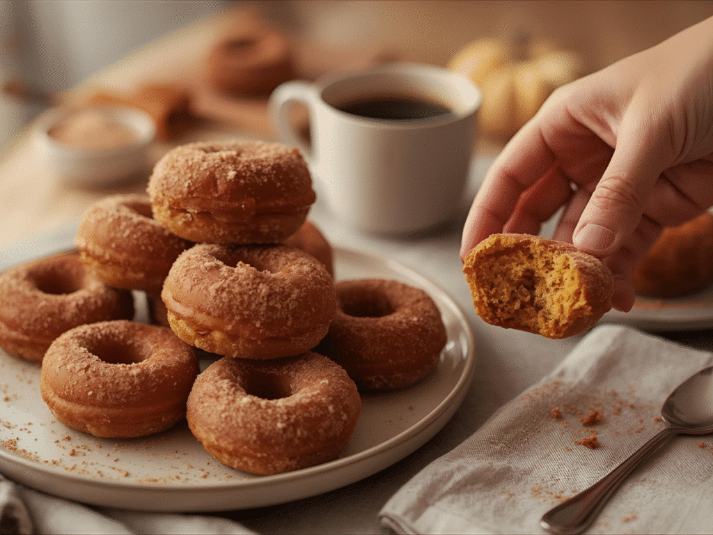 Stack of baked pumpkin donuts coated in cinnamon sugar, fall dessert​