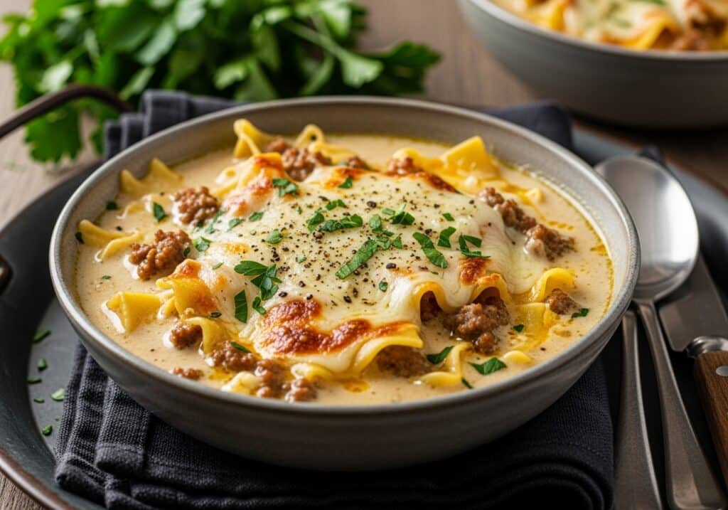 White Alfredo lasagna soup in a bowl with sausage, mushrooms, spinach, and pasta;