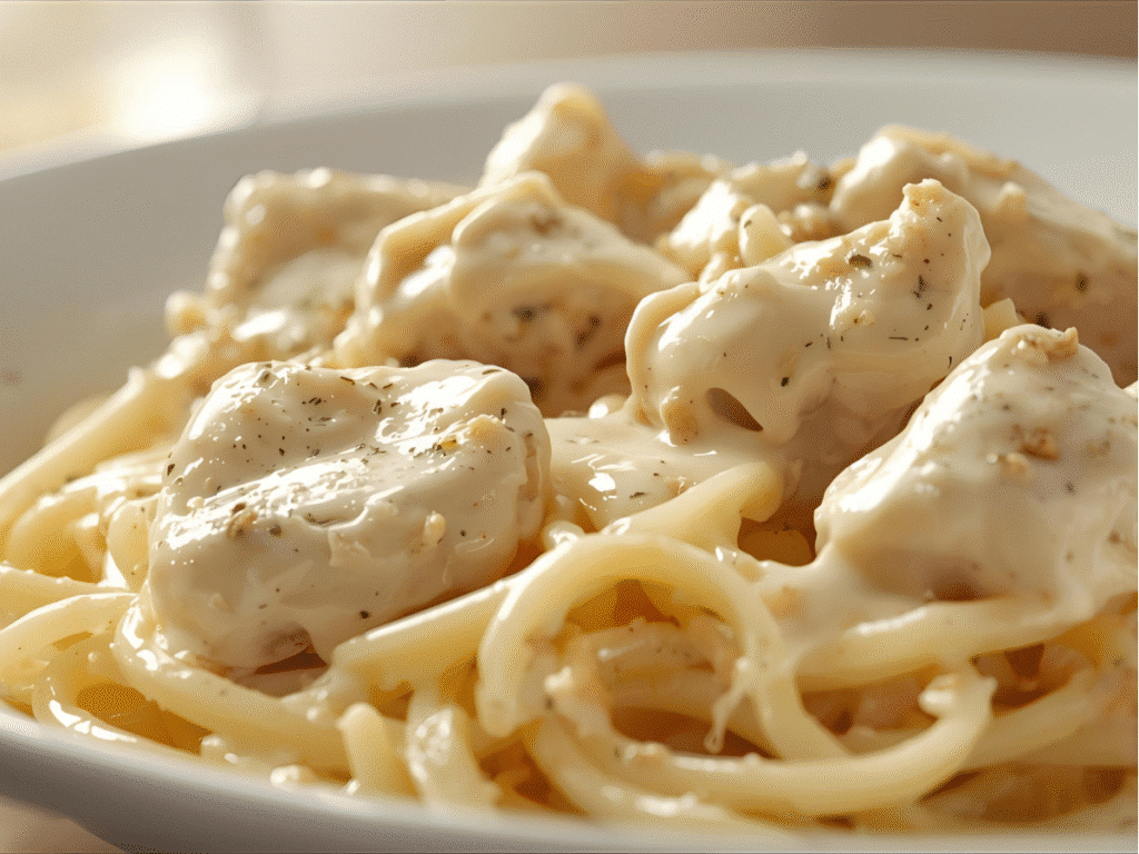 Alt “Creamy White Chicken Alfredo with glossy sauce and sliced chicken”; 