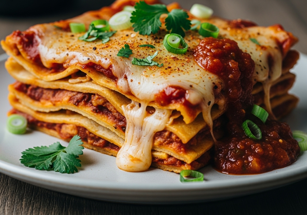 Cheesy Mexican lasagna recipe with tortillas layered like Tex Mex and enchilada lasagna.​