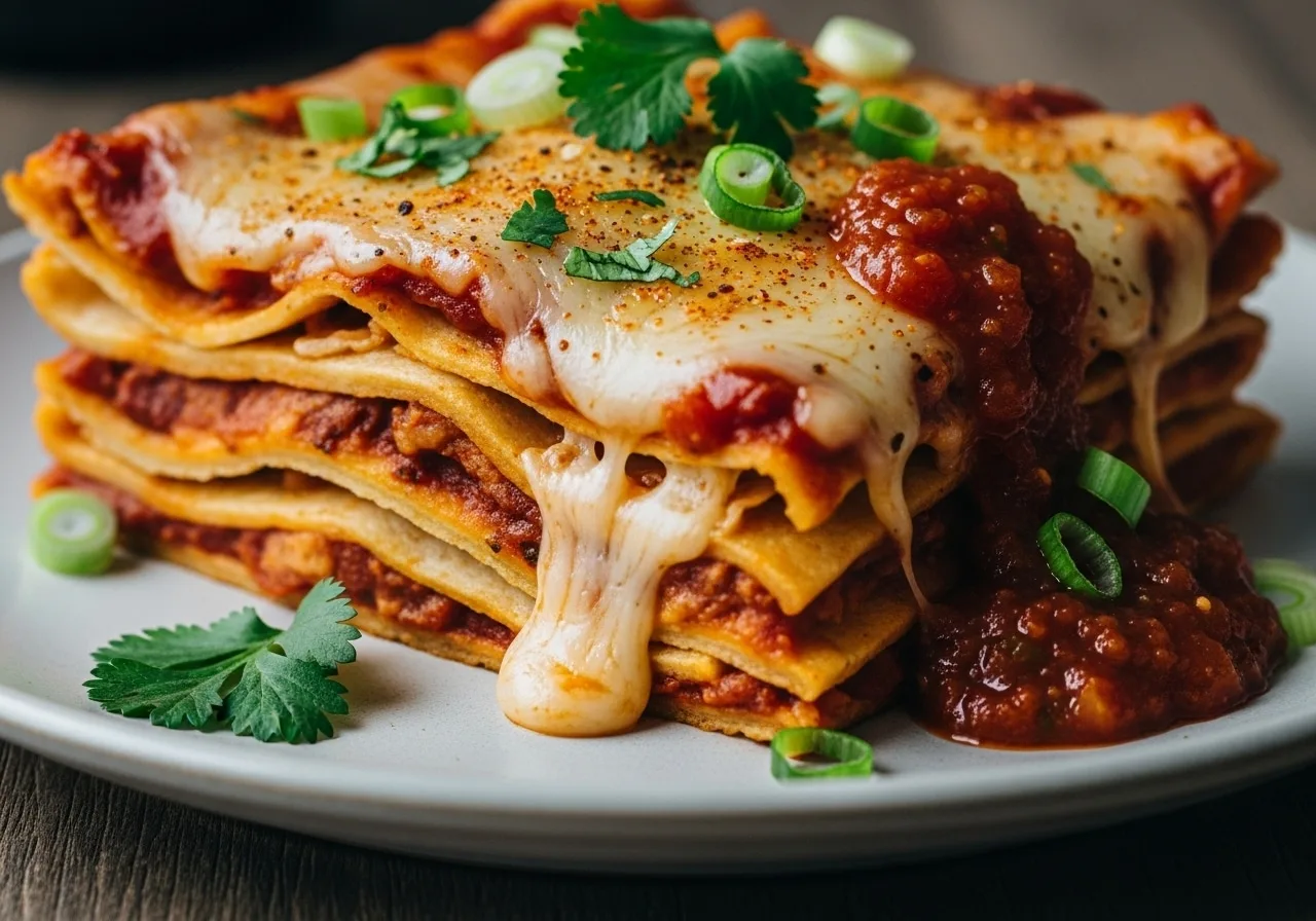 Cheesy Mexican lasagna recipe with tortillas layered like Tex Mex and enchilada lasagna.​