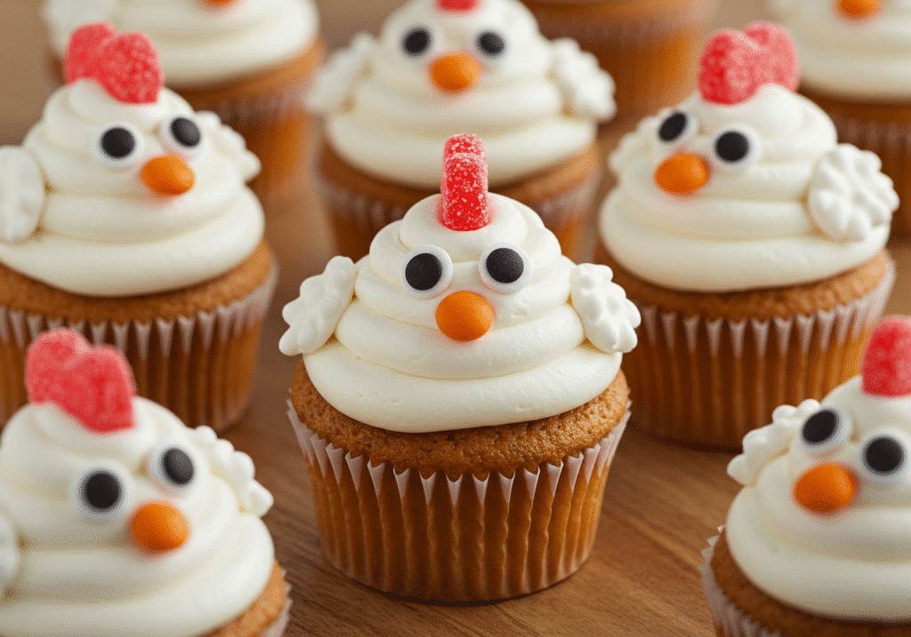 Chick-themed cupcakes arranged on a wooden tray, 