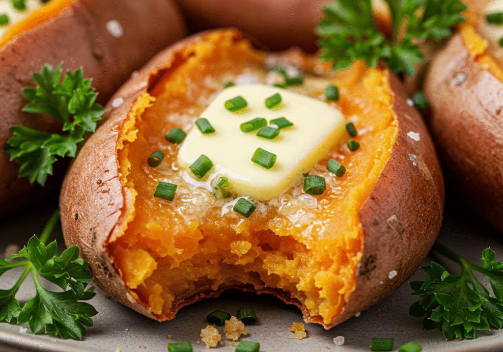 Air fryer baked sweet potato split open, butter melting.