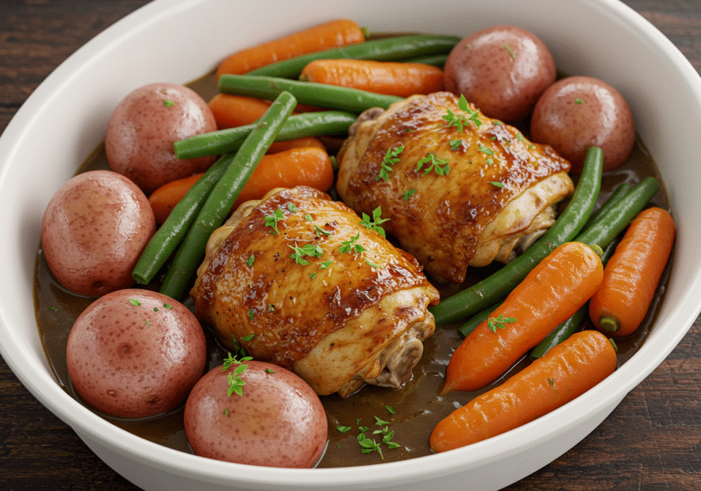 Honey garlic chicken thighs cooked in crock pot with glossy honey soy glaze