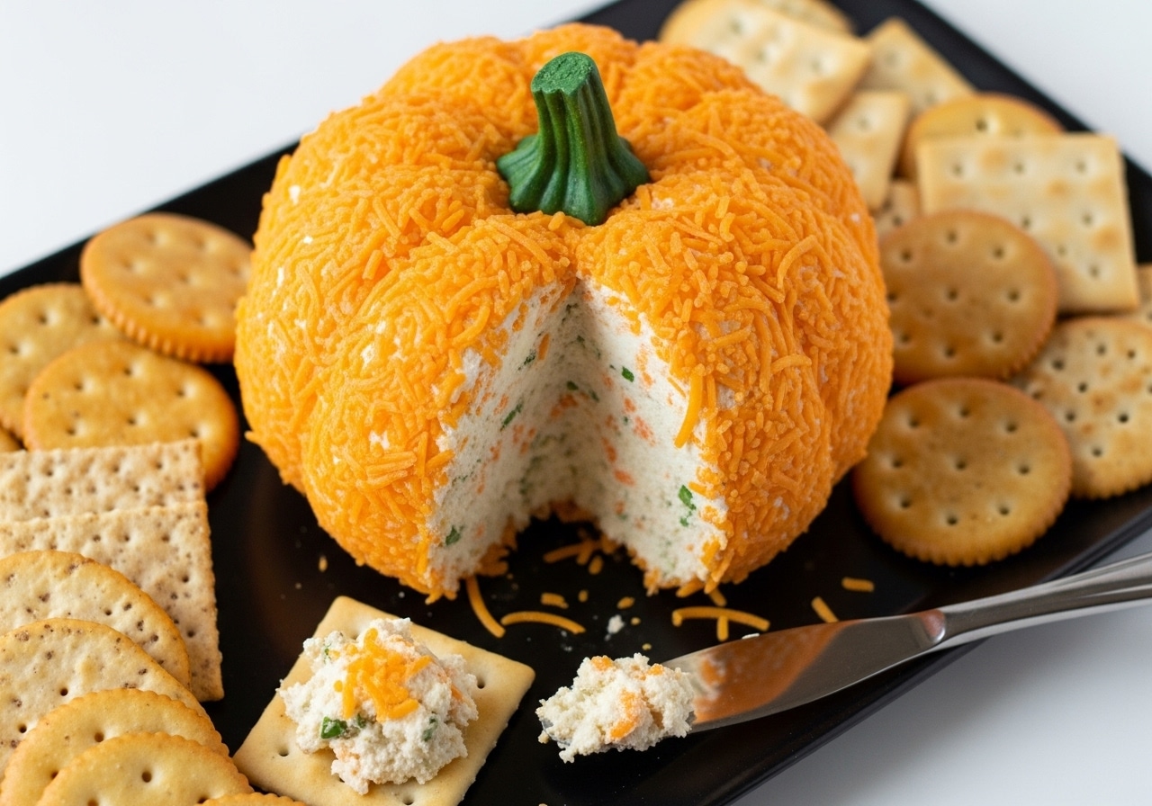 Alt: Cream Cheese Appetizer shaped like a pumpkin with whole wheat crackers.