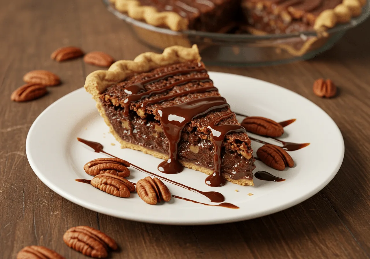 Texas Chocolate Pecan Pie with glossy chocolate and crunchy pecans, rustic setting.