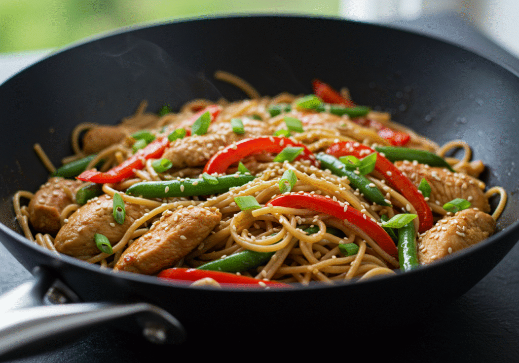Plate of Easy Chicken Lo Mein with colorful veggies