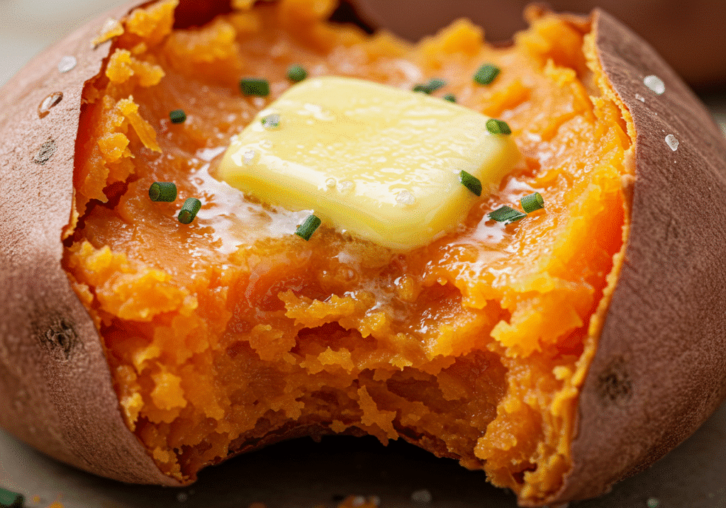 Feature v2 — Alt: Crispy-skin sweet potato with flaky salt and steam.
