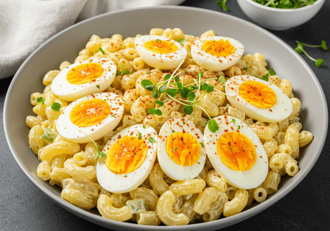 Creamy Deviled Egg Pasta Salad in white bowl with sliced eggs and paprika.