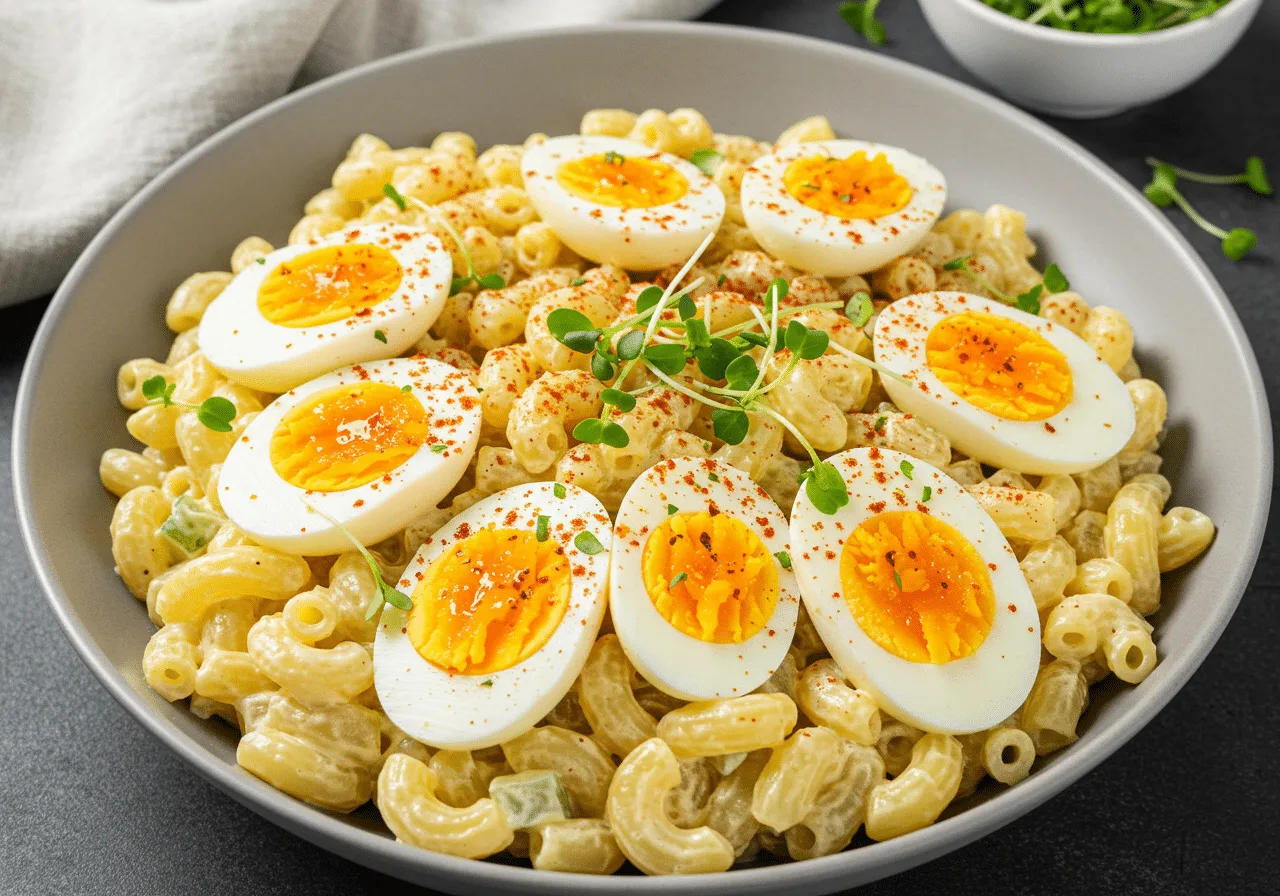 Creamy Deviled Egg Pasta Salad in white bowl with sliced eggs and paprika.