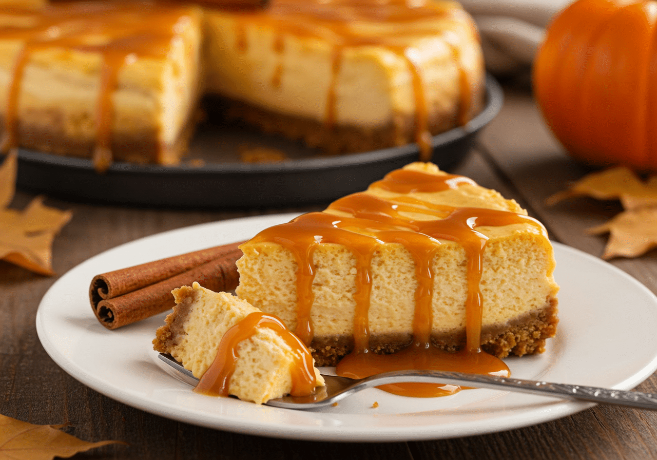 Alt text: Creamy pumpkin caramel cheesecake with caramel swirls and slice visible, autumn dessert.
