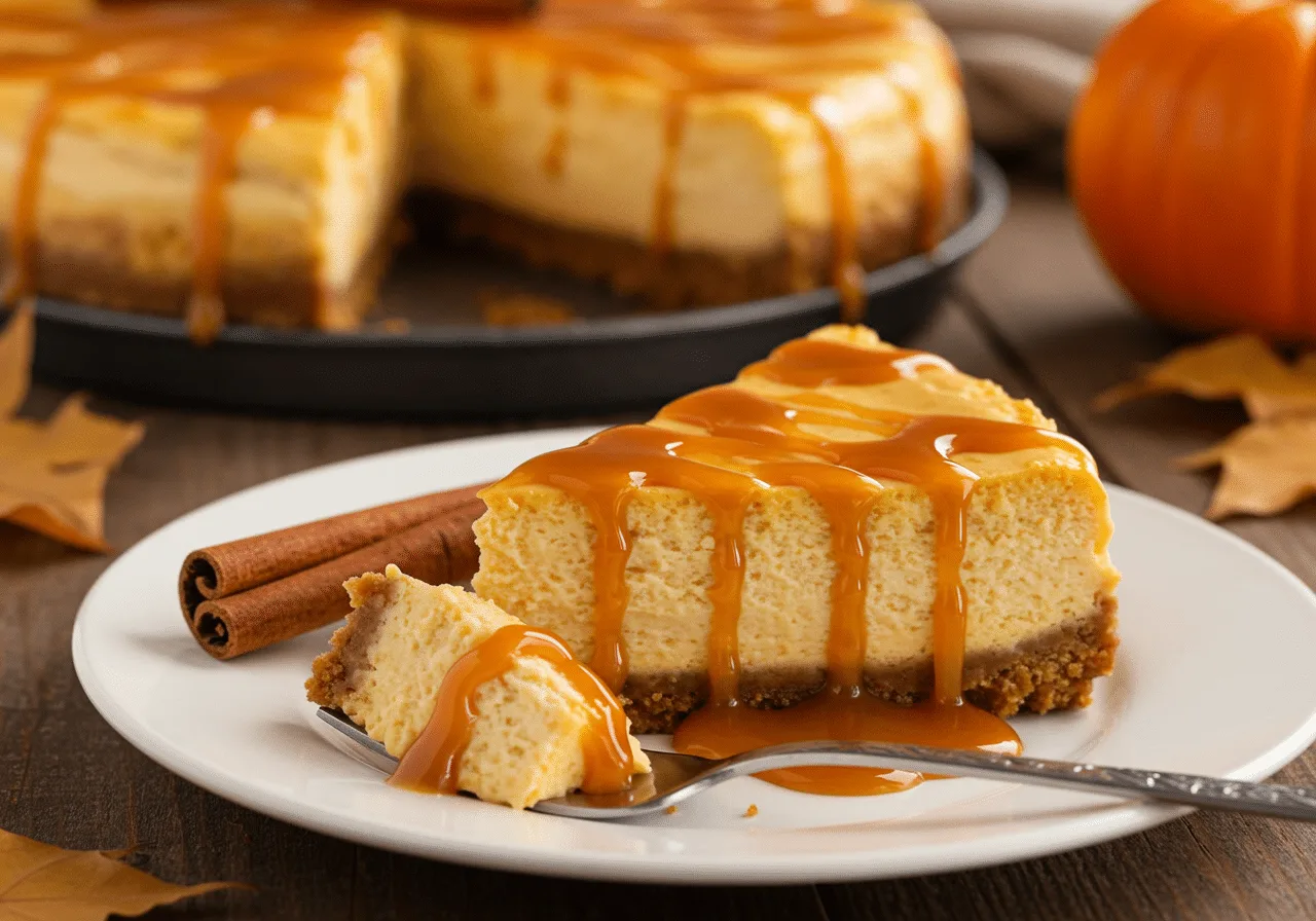 Alt text: Creamy pumpkin caramel cheesecake with caramel swirls and slice visible, autumn dessert.