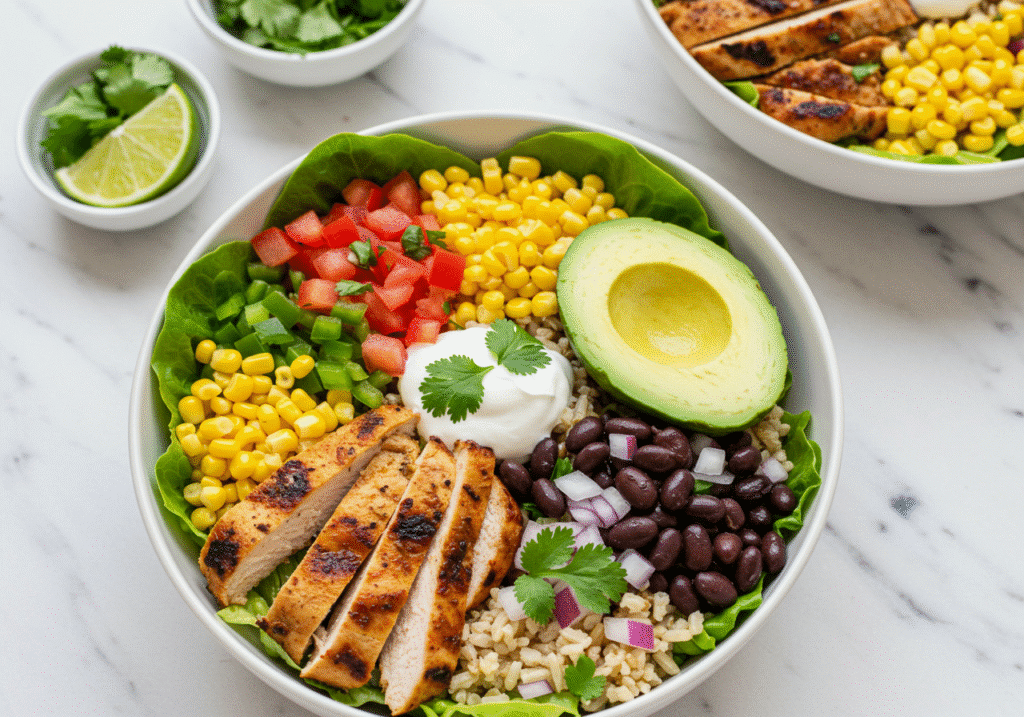 Chicken Avocado Burrito Bowl in a ceramic bowl with shredded chicken, avocado, black beans and lime — Healthy Dinner, Avocado Wrap inspiration.