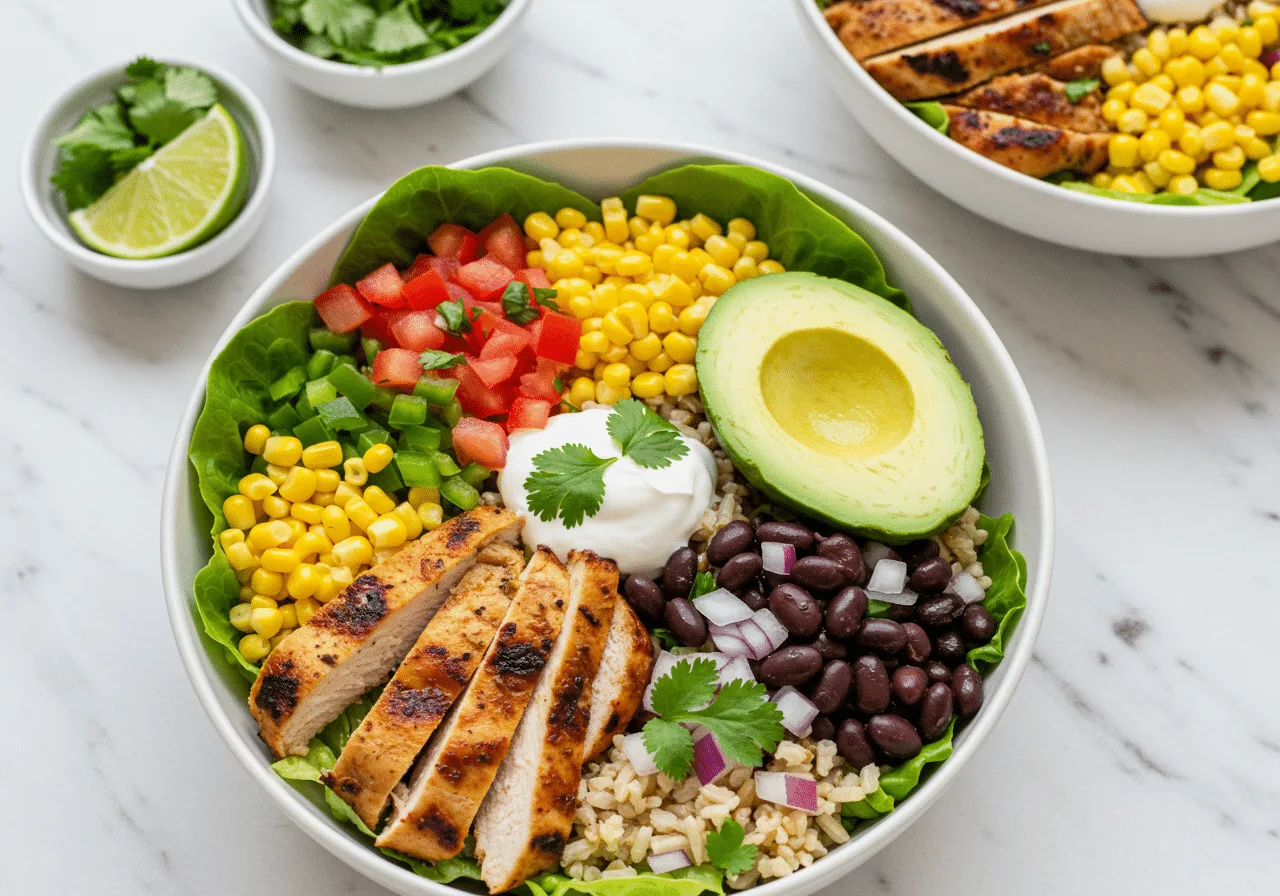 Chicken Avocado Burrito Bowl in a ceramic bowl with shredded chicken, avocado, black beans and lime — Healthy Dinner, Avocado Wrap inspiration.