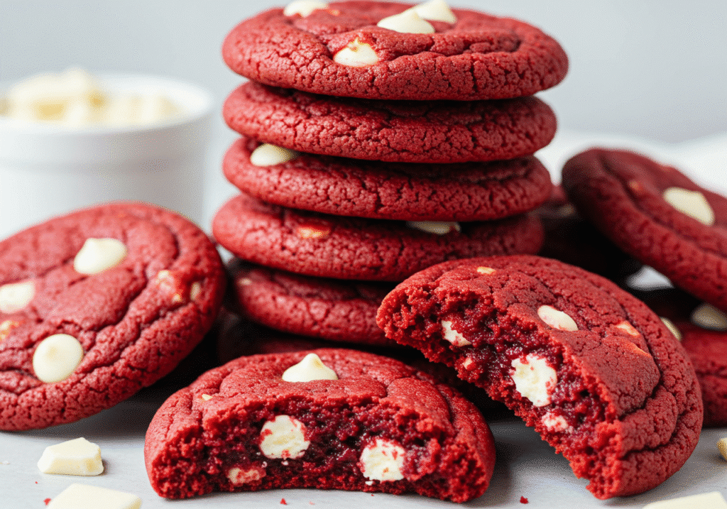 Soft and chewy red velvet cookies with white chocolate chips, freshly baked for a rich cocoa flavor and vibrant red color.