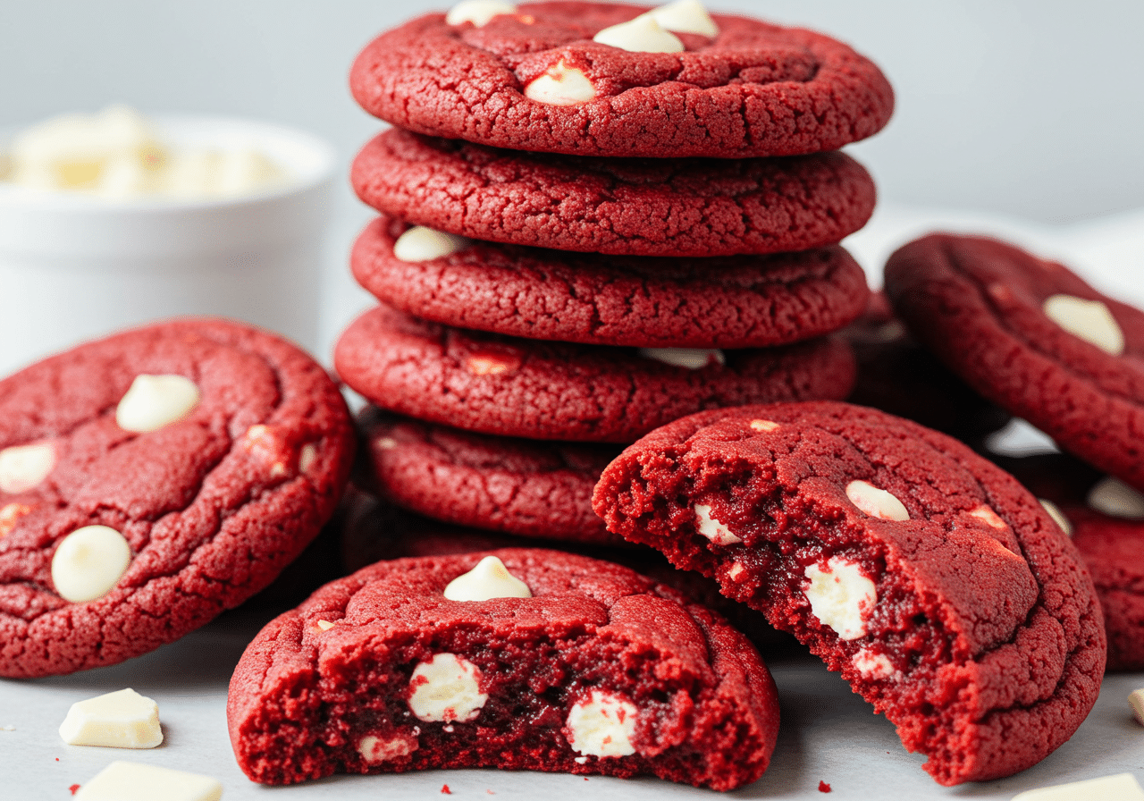Soft and chewy red velvet cookies with white chocolate chips, freshly baked for a rich cocoa flavor and vibrant red color.