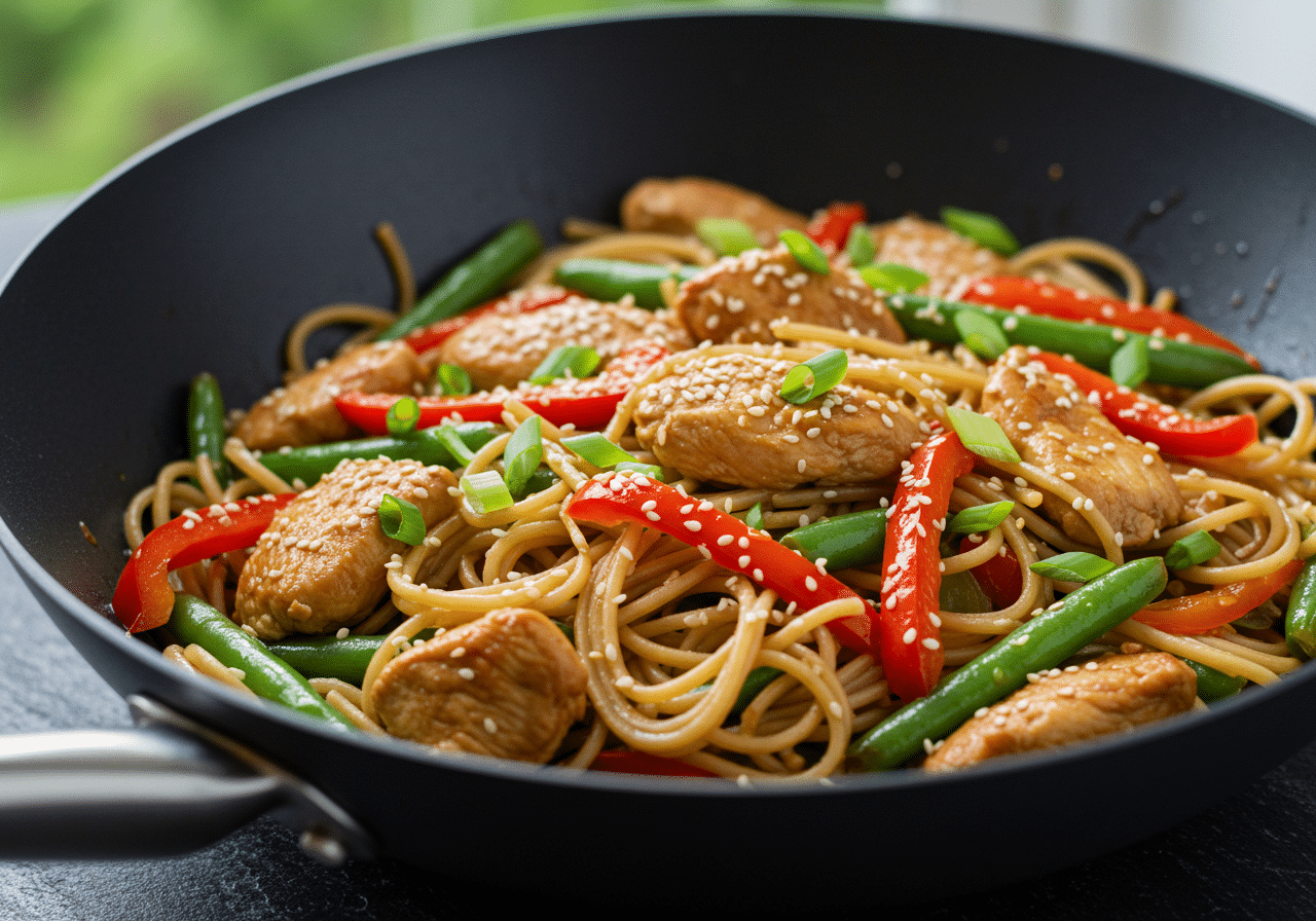 Plate of Easy Chicken Lo Mein with colorful veggies and savory sauce.