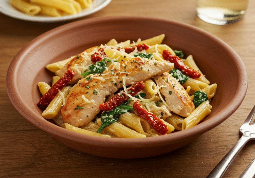 Creamy Tuscan Chicken Pasta in a rustic bowl with sun-dried tomatoes and spinach.