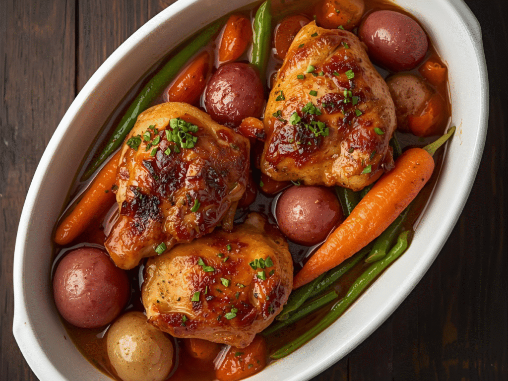 Slow cooked honey garlic chicken thighs with a glossy honey and soy sauce glaze on a rustic plate, ready to enjoy