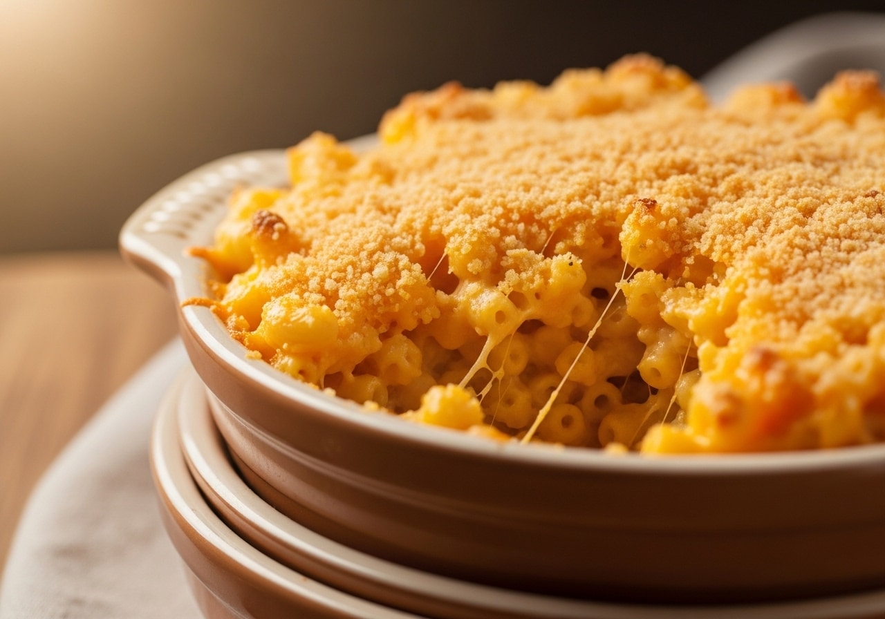 Extra creamy mac and cheese with crunchy topping in cast‑iron skillet, Parmesan finish.​